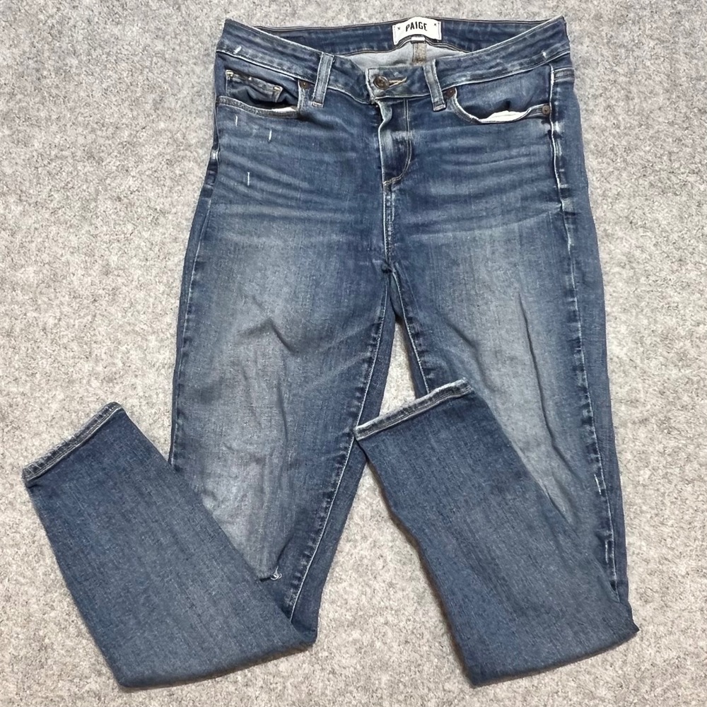 Paige Womens Skinny Jeans Medium Wash Distressed Ripped Knee Size 28